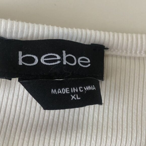 Bebe Embellished Ribbed Top Frayed Hem Sleeve Color Marshmallow Size Juniors XL - Picture 5 of 13